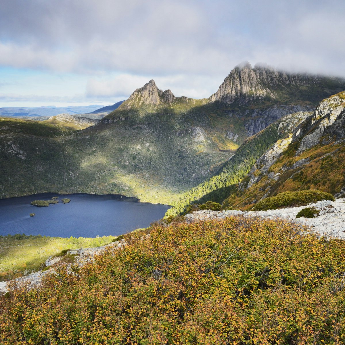 Cradle Mountain and Dove Lake, with deciduous beech (Fagus) in fall colors, Cradle Mountain-Lake St. Clair National Park, UNESCO World Heritage Site, Tasmania, Australia, Pacific