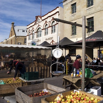 Crates of apples at Saturday Salamanca Market.