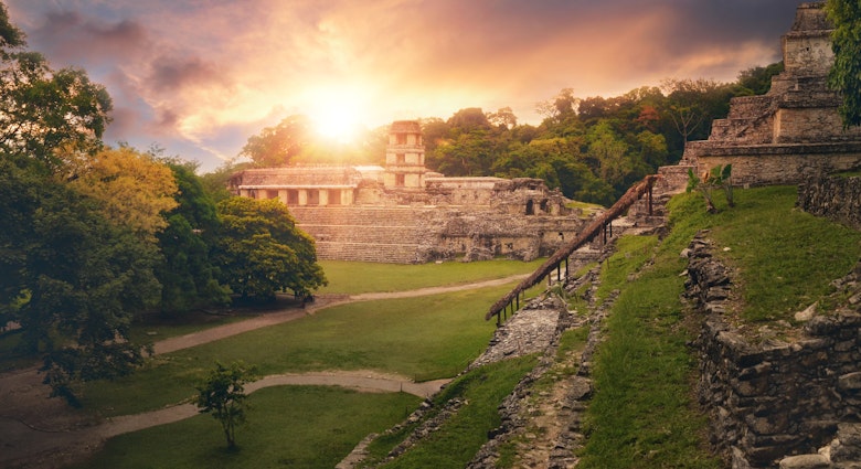 Panorama of the Temple of the Inscriptions and the Palace of the Observatory Tower in the ancient Mayan city of Palenque.