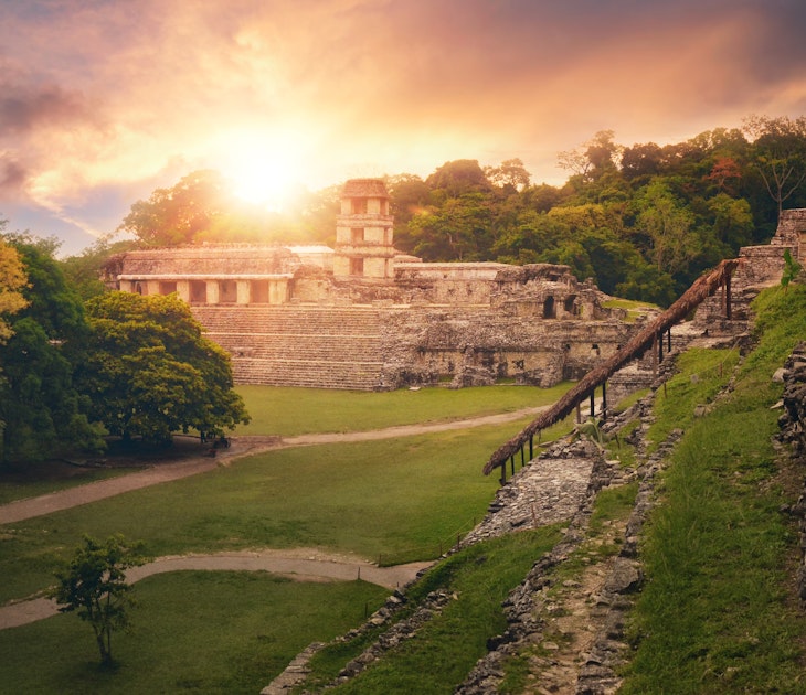 Panorama of the Temple of the Inscriptions and the Palace of the Observatory Tower in the ancient Mayan city of Palenque.