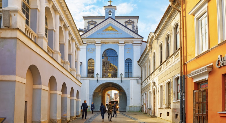 Ausros gate (gate of dawn) with basilica of Madonna Ostrobramska in Vilnius, Lithuania.