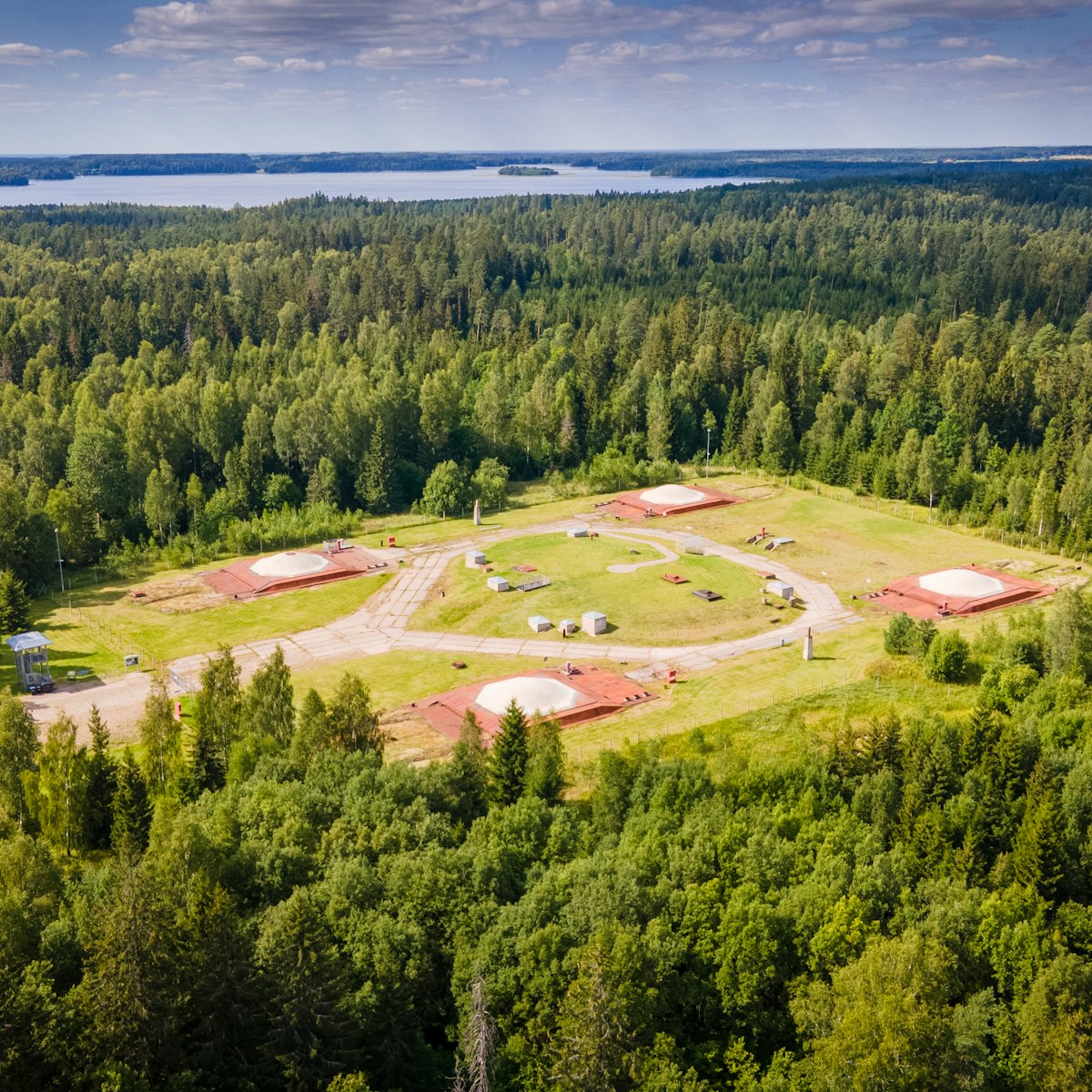 Aerial view of the Cold War museum made in Plosktines abandoned missile base near Plateliai lake in Lithuania.