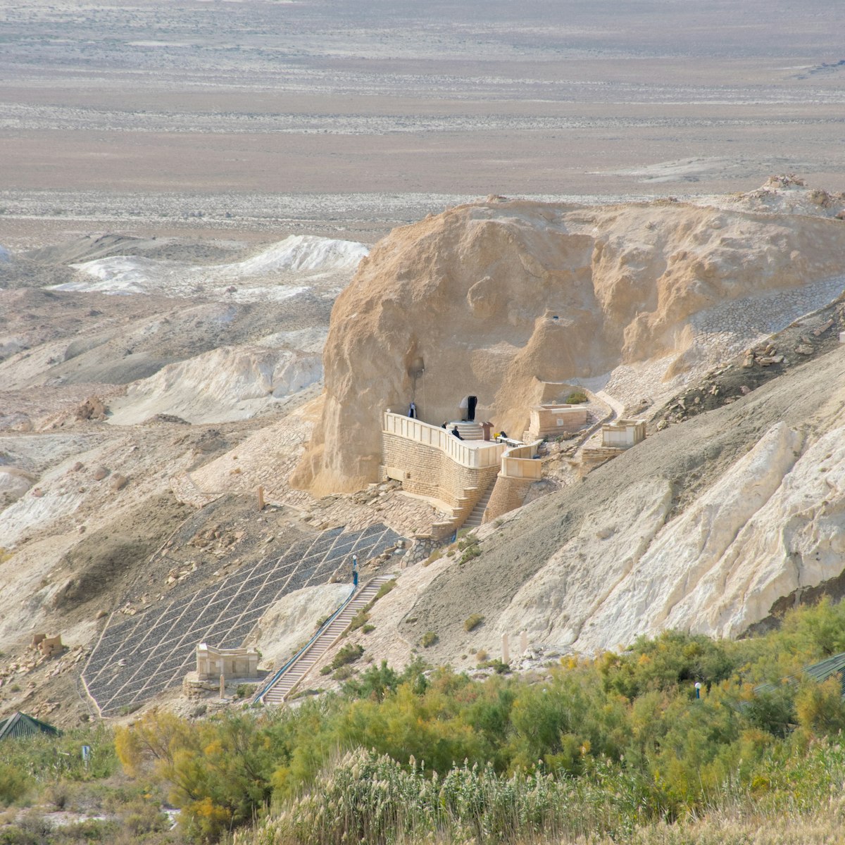 The aerial view of Beket Ata underground mosque and madrassa on Ustyurt plateau, Aktau region, Western Kazakhstan.