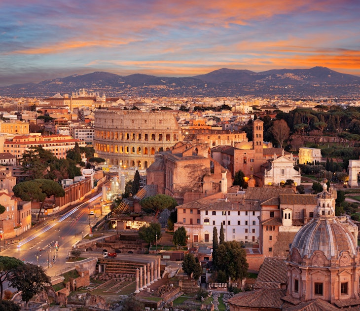 Rome, Italy view towards the Colosseum with archeological areas at sunset., License Type: media, Download Time: 2024-11-19T16:46:36.000Z, User: meg3348277, Editorial: false, purchase_order: 56530 - Guidebooks, job: Global Publishing-WIP, client: Experience Italy 2, other: Megan Cassidy