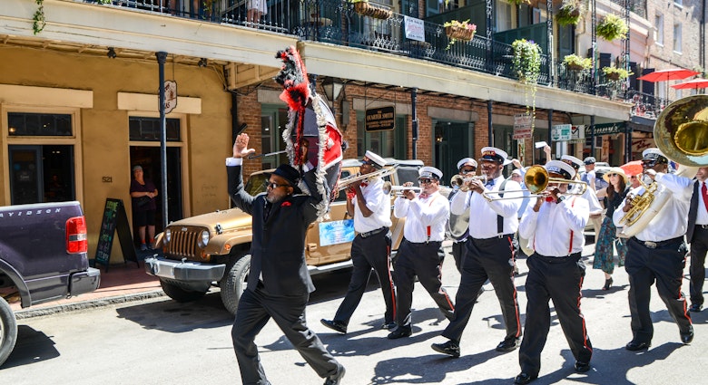 New Orleans, Louisiana / USA - March 31, 2017: A Second Line band plays as it marches in the French Quarter in New Orleans, Louisiana.
618097991
A Second Line band plays as it marches in the French Quarter in New Orleans, Louisiana.
